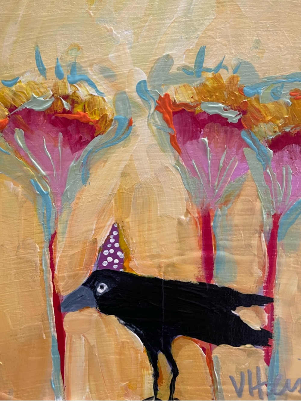 Crow With 3 Flowers “AnOriginal art Acrylic  Painting 12”x9”On Canvas On Saffron